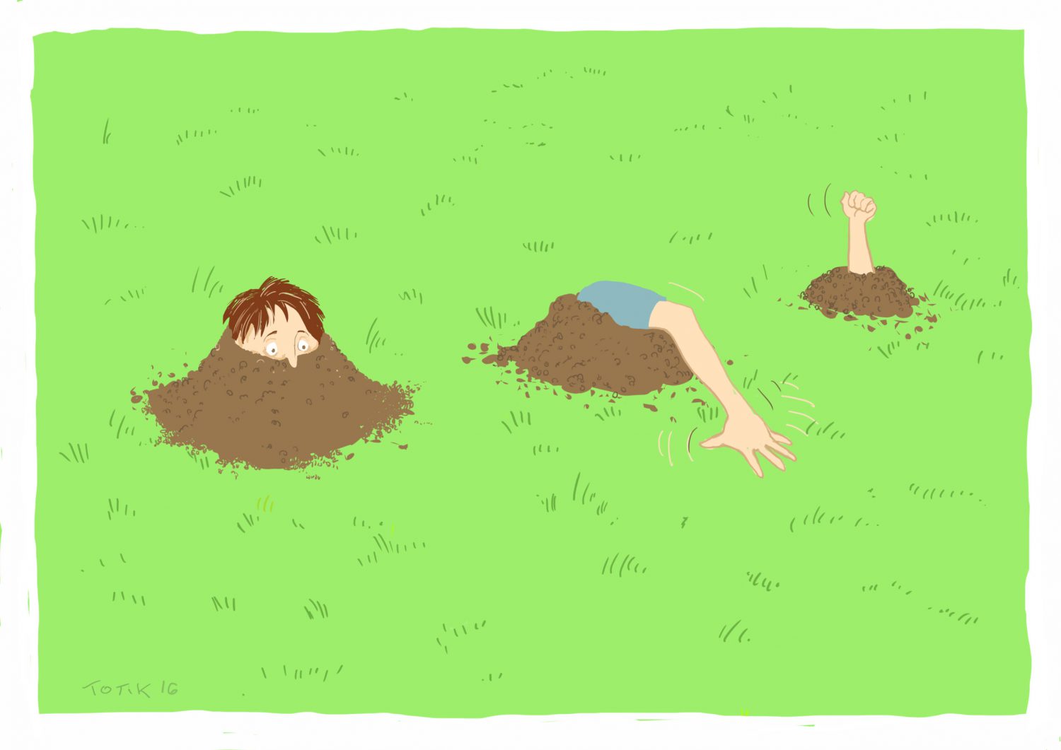 a head, left arm and right arm are buried in three different mounds of soil